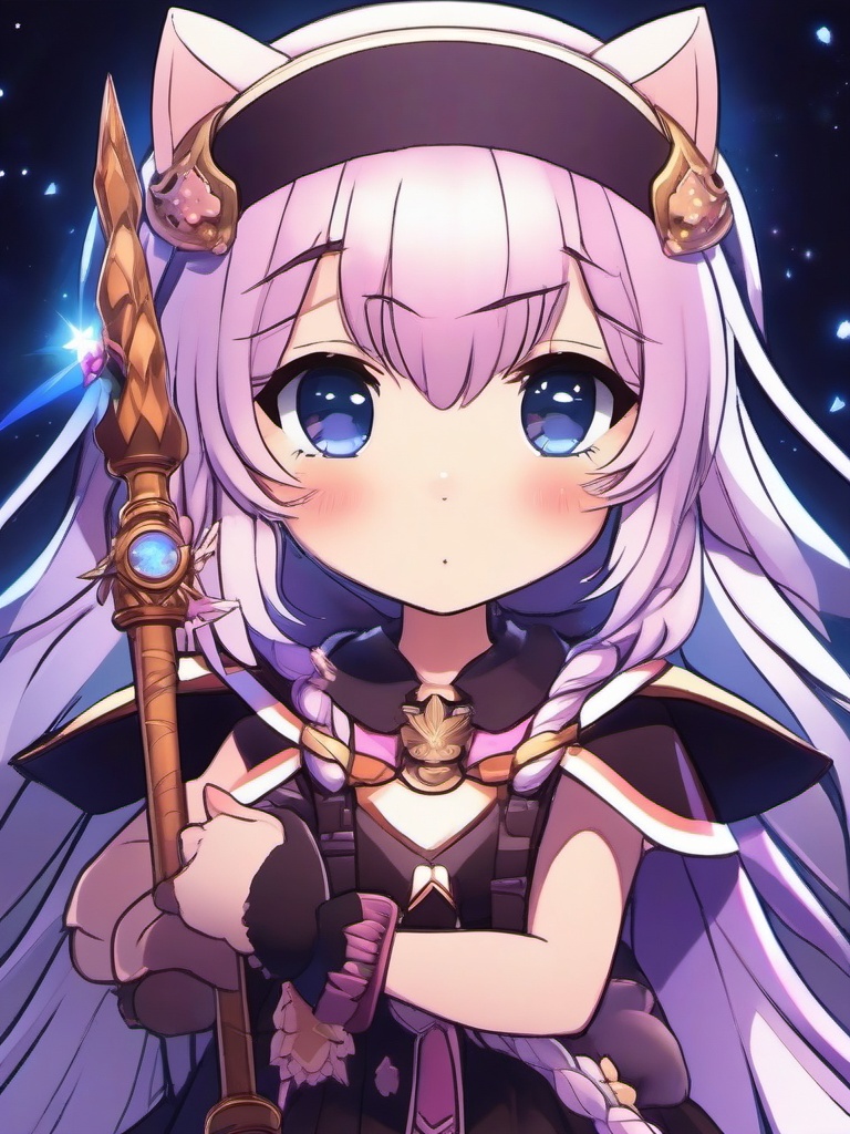 Kawaii magical girl, with a talking animal companion, using her magical staff to protect the world from dark forces.  front facing ,centered portrait shot, cute anime color style, pfp, full face visible