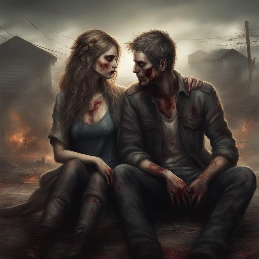 zombie love story - create an artwork that tells a tragic love story between two zombies in a post-apocalyptic world. 