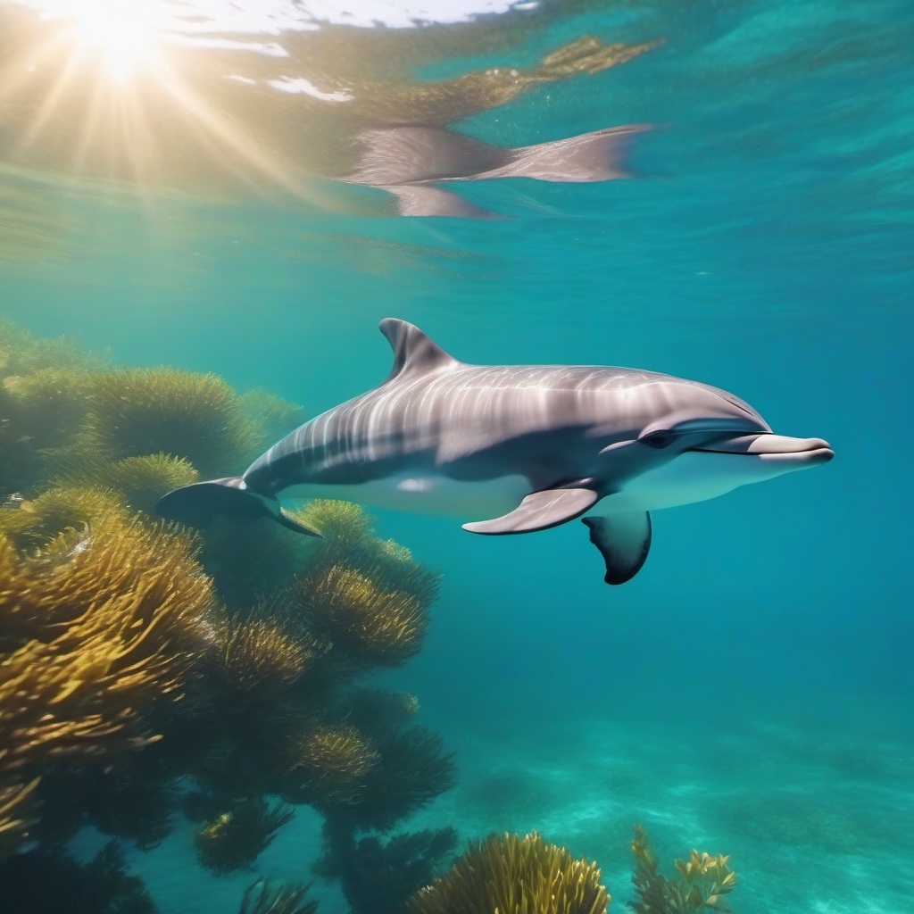 Cute Dolphin Swimming in a Crystal Clear Lagoon 8k, cinematic, vivid colors