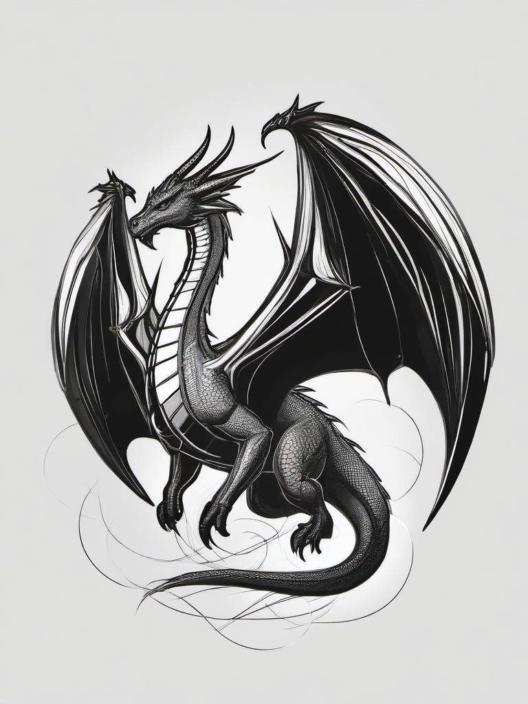 drawing of a dragon with wings  minimal rough sketch scribbles,doodles,black and white