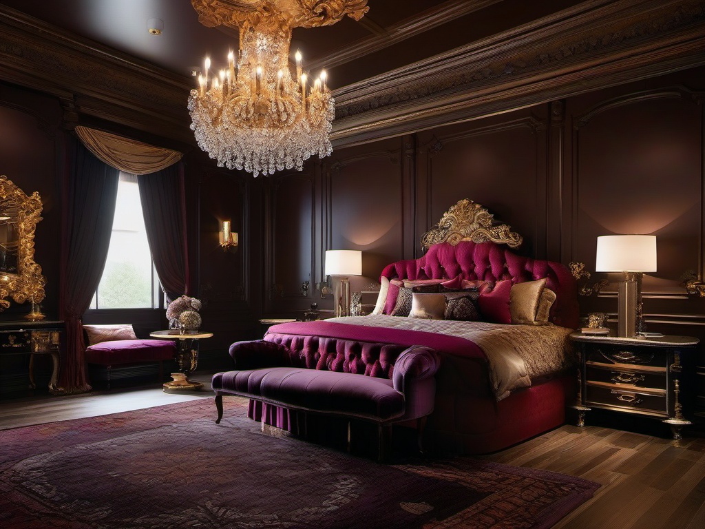 Baroque master bedroom embraces rich colors, ornate details in the decor, and luxurious finishes that create a dramatic and sophisticated environment.  