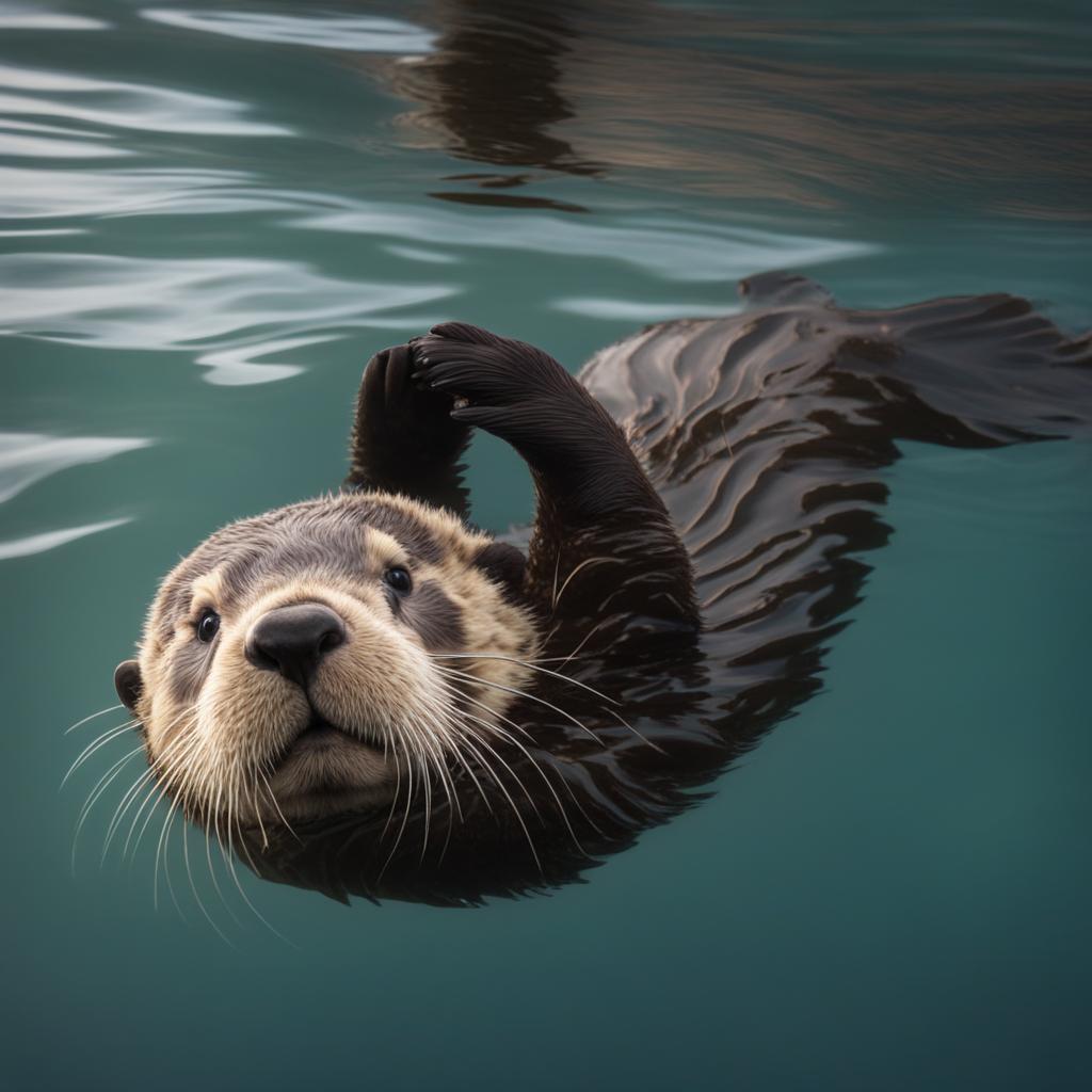 sea otter pup floating on its back in calm coastal waters 8k ultrarealistic cinematic 