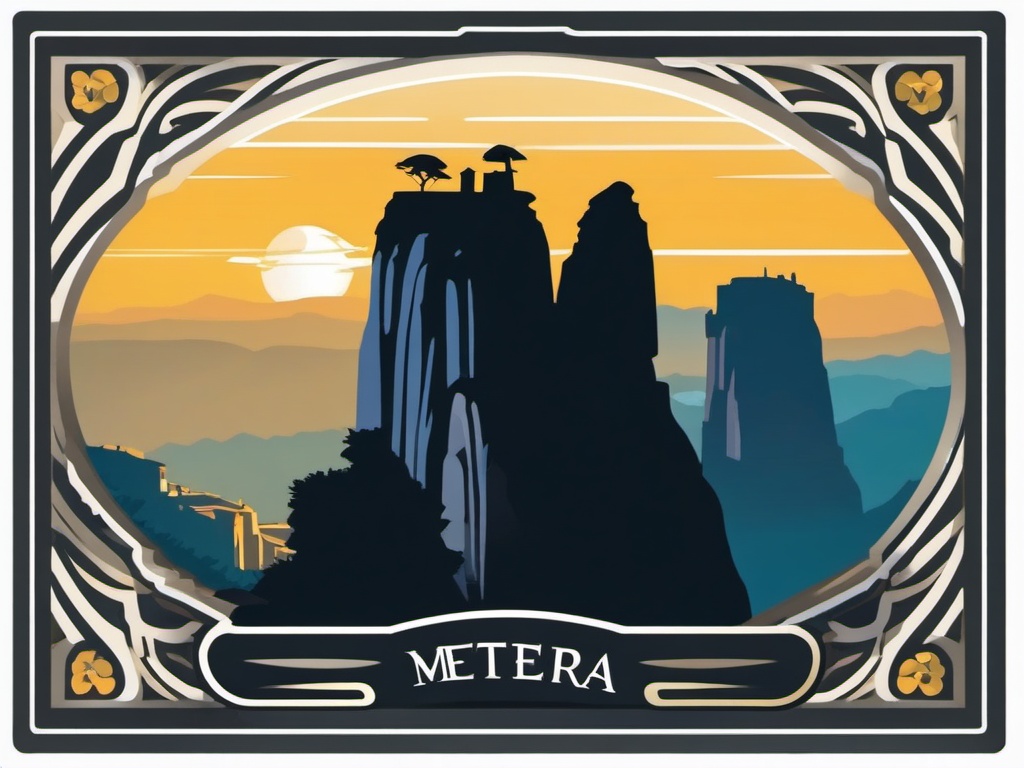 Meteora sticker- UNESCO World Heritage site with cliff-top monasteries, , sticker vector art, minimalist design