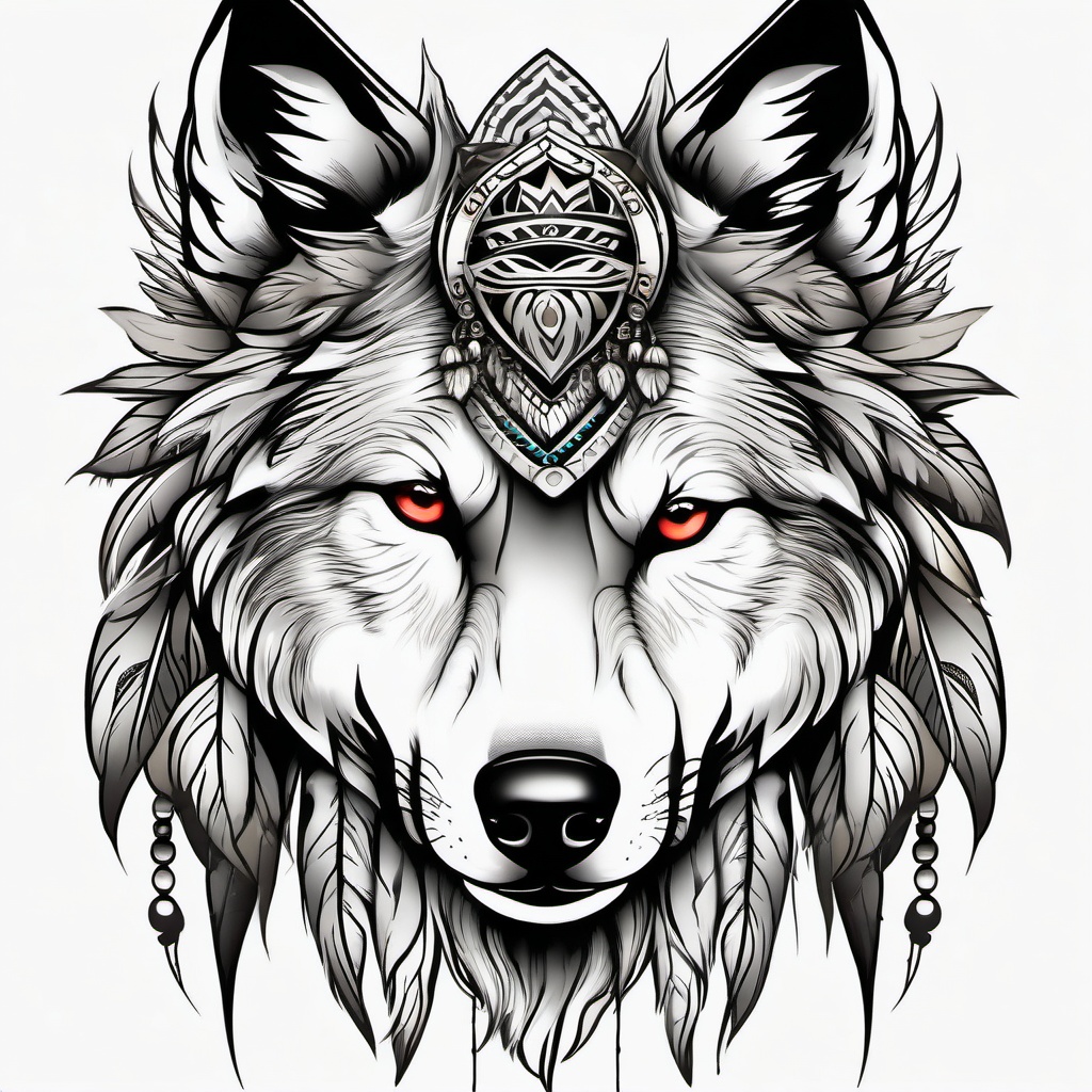 Wolf with Headdress Tattoo,wolf adorned with a tribal headdress in a striking tattoo, symbolizing courage and honor. , tattoo design, white clean background