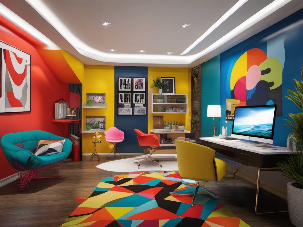 The home office exemplifies Pop Art interior design, featuring bright wall art, fun decor, and colorful furniture that creates a dynamic environment for productivity and creativity.  