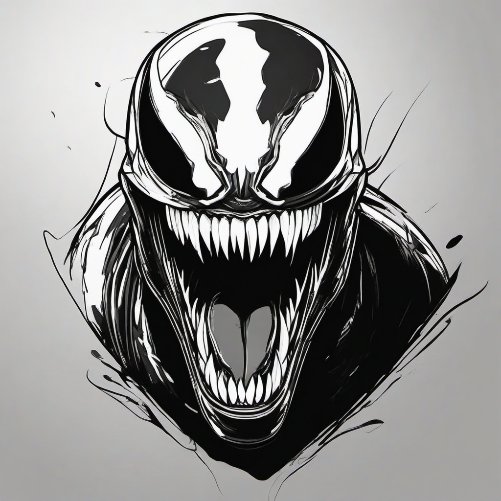 drawing of Venom with sharp teeth  minimal rough sketch scribbles,doodles,black and white