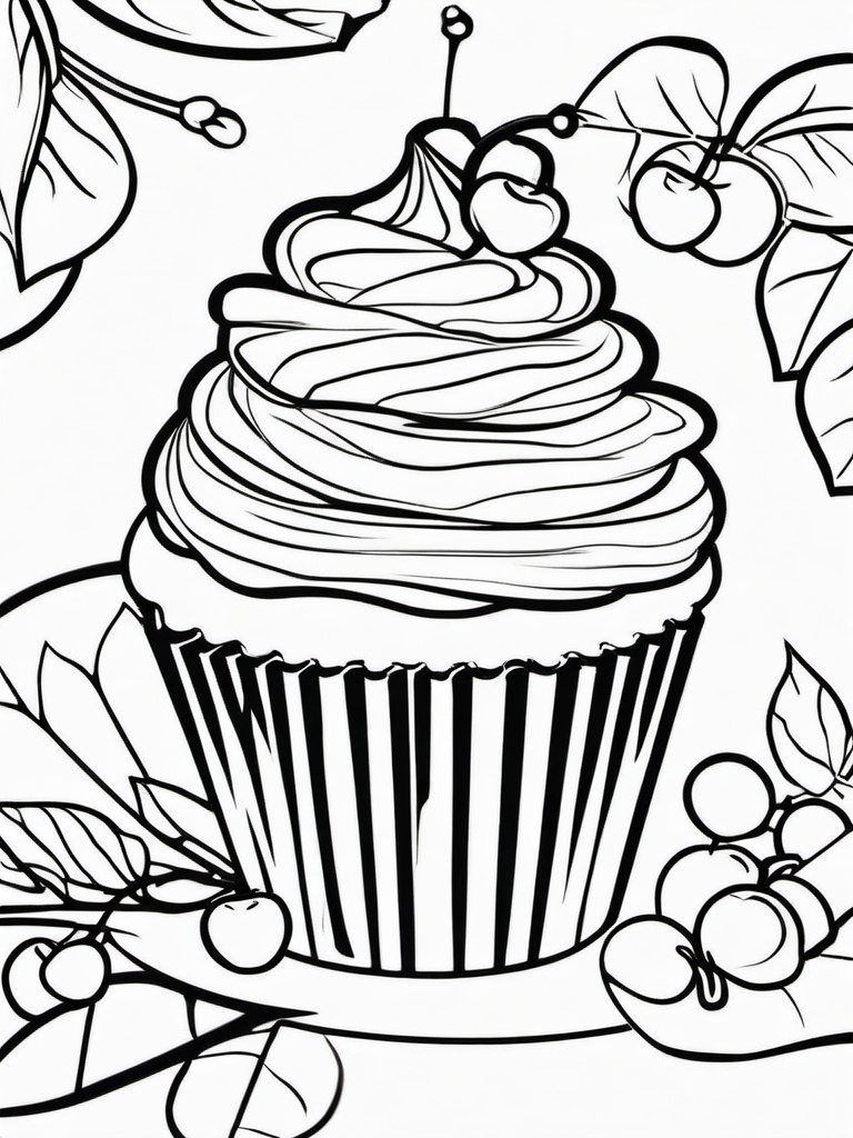 Food Coloring Pages - Cupcake with chocolate frosting and cherry  simple coloring pages