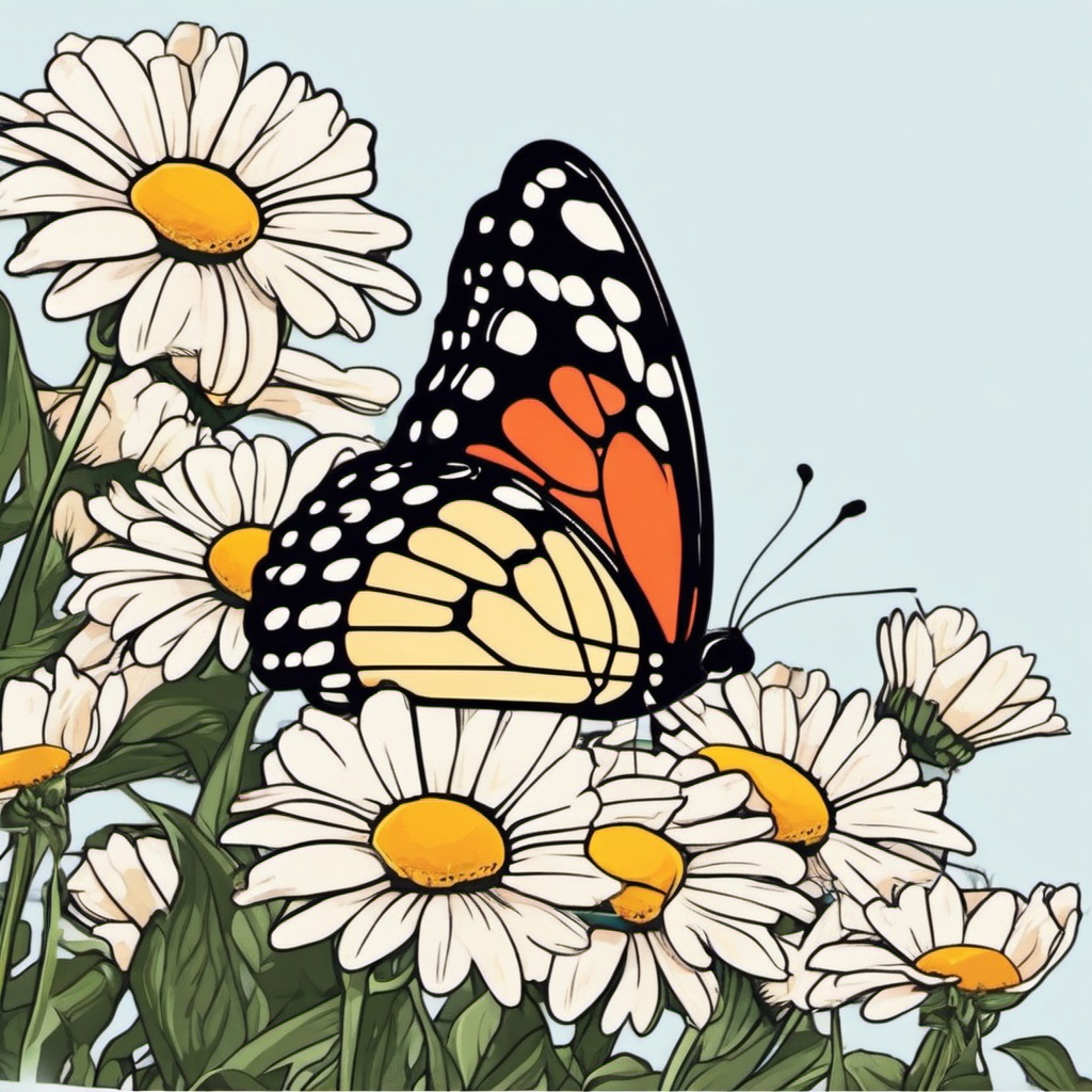 Butterfly and Daisies Sticker - Butterfly resting on daisies, ,vector color sticker art,minimal