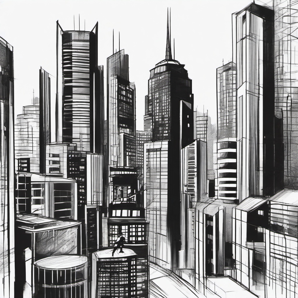 drawing of a superhero in a cityscape  minimal rough sketch scribbles,doodles,black and white