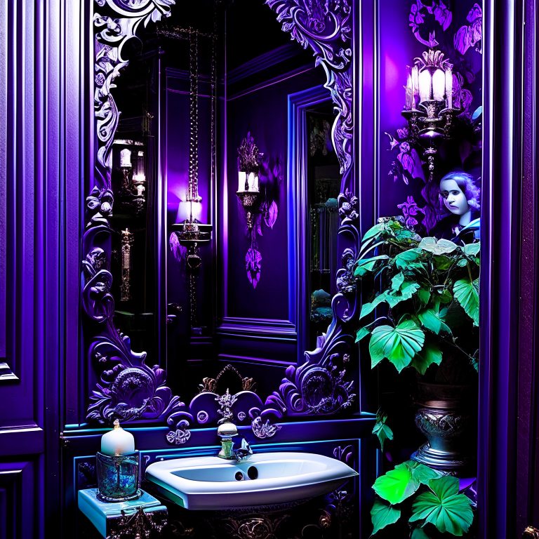 haunted mansion bathroom with haunted mirror and ghostly wallpaper. 