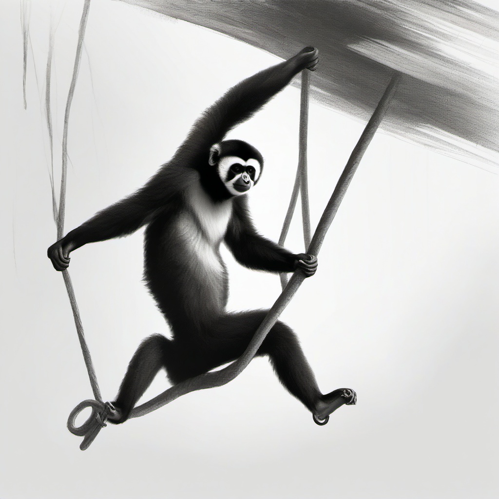 drawing of a gibbon swinging  minimal rough sketch scribbles,doodles,black and white