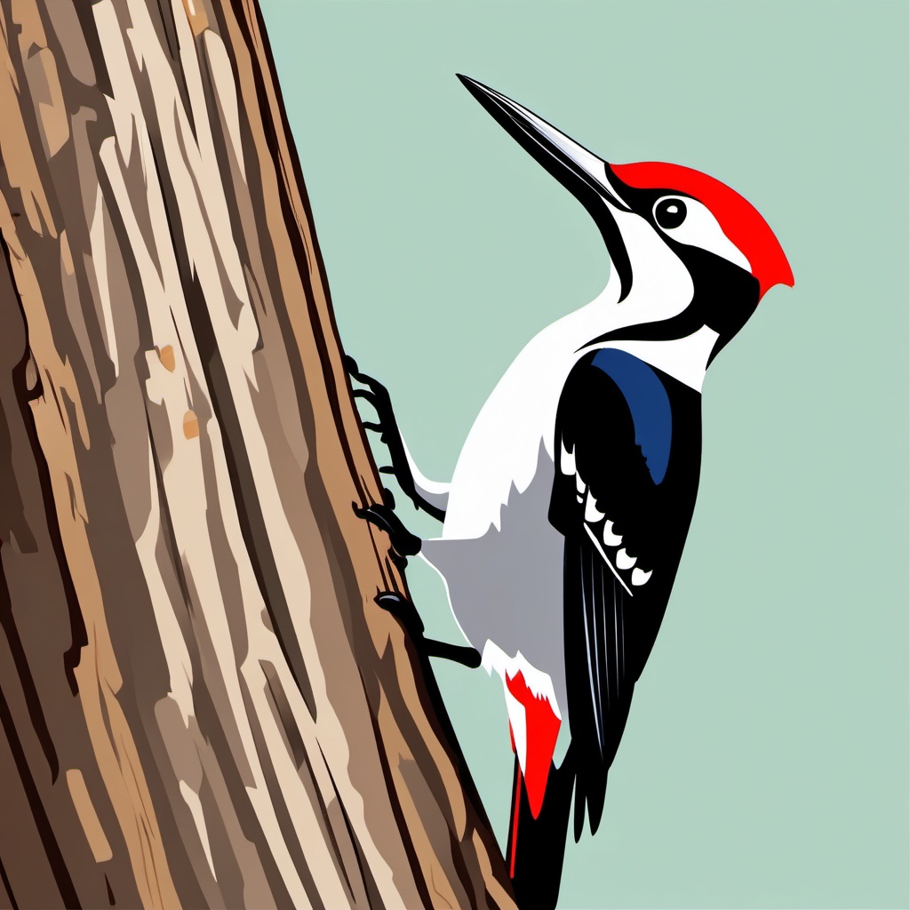 Woodpecker Clipart - Woodpecker pecking rhythmically on a tree trunk , minimal, 2d