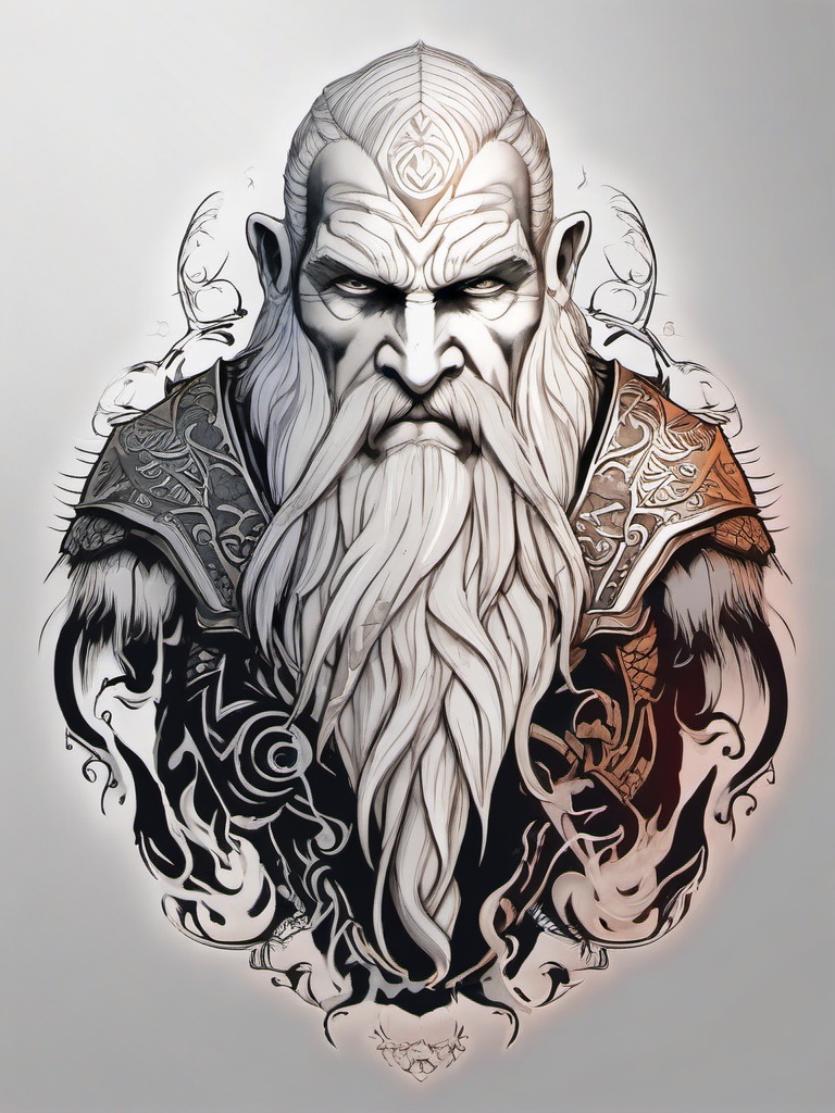 Mimir Tattoo - A tattoo featuring Mimir, a character from the 'God of War' series.  simple color tattoo design,white background