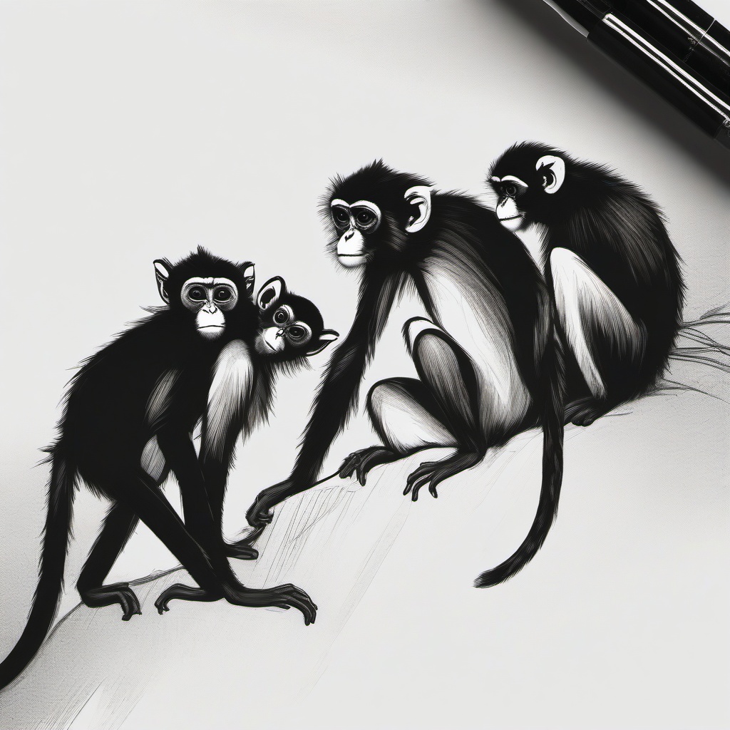 drawing of a spider monkey family  minimal rough sketch scribbles,doodles,black and white