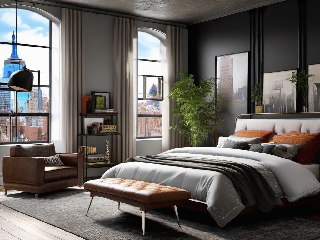 Urban Chic bedroom features practical furniture, a mix of modern and vintage decor, and open spaces that embrace a contemporary city lifestyle.  