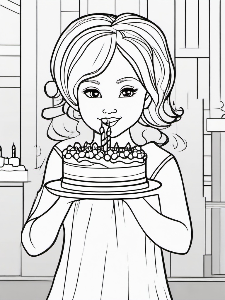 Birthday Girl with Cake Coloring Pages - Girl Ready to Blow Out Candles  minimal black outline printable sheet, coloring page