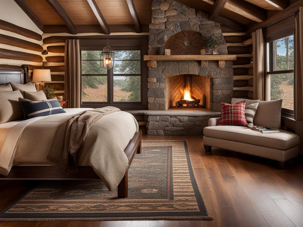 cozy, cabin-inspired bedroom with log cabin walls and a stone fireplace. 