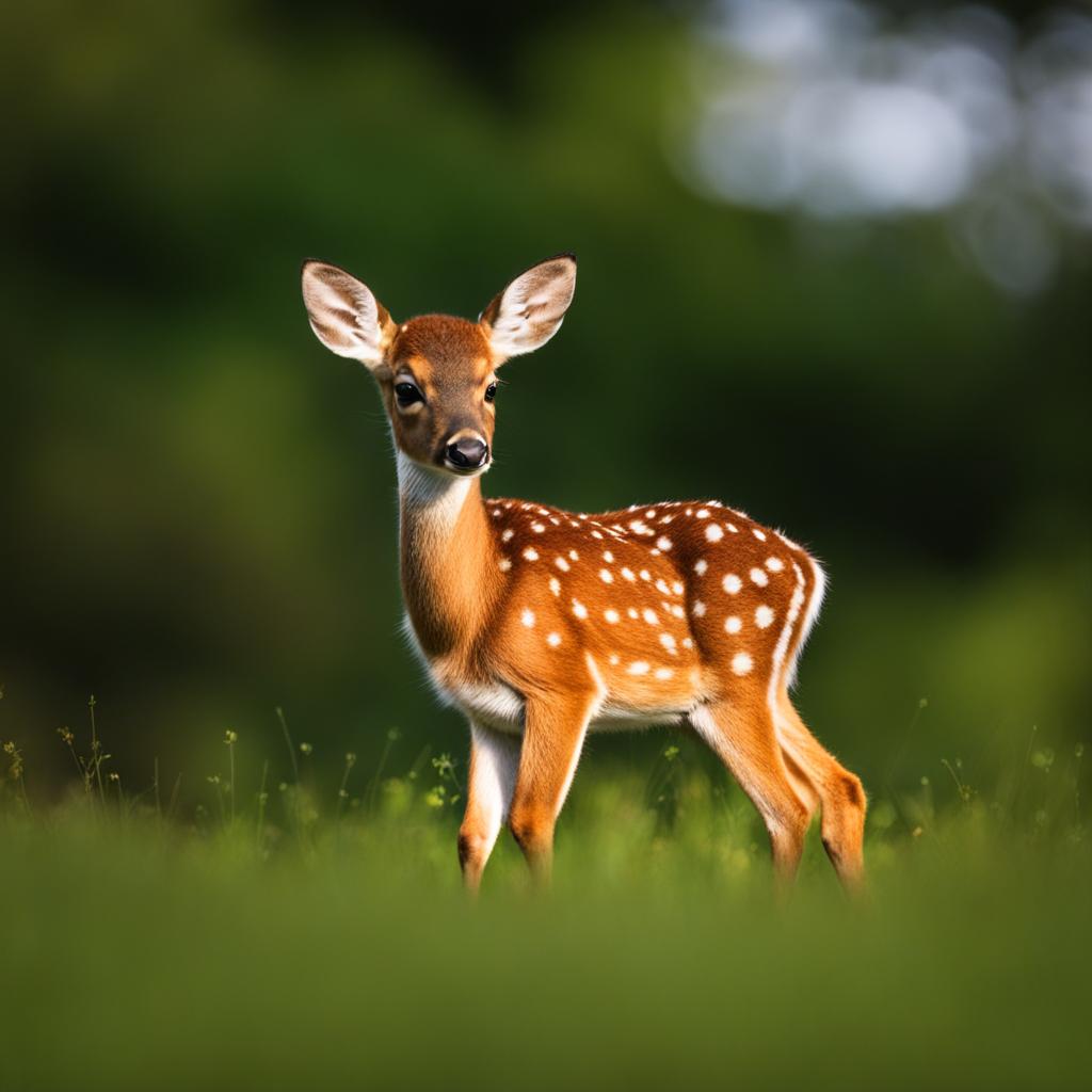 tiny baby deer, or fawn, with white spots on its coat. 