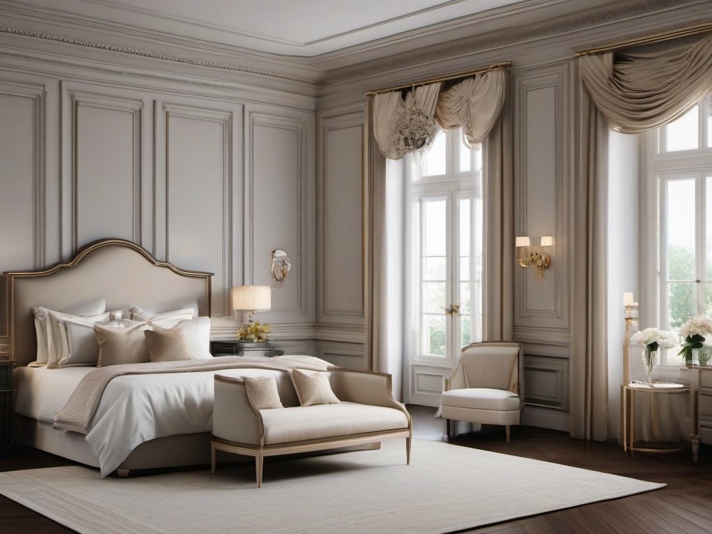 Neoclassical bedroom features simple moldings, comfortable bedding, and classic decor that create an elegant and serene atmosphere.  