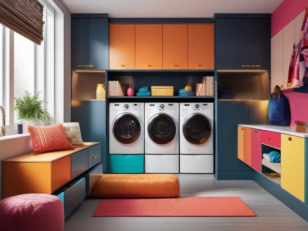 A utility room designed with cosmic chic interior design includes organized storage solutions, bright colors, and playful decor that make chores feel lighter and more enjoyable.  