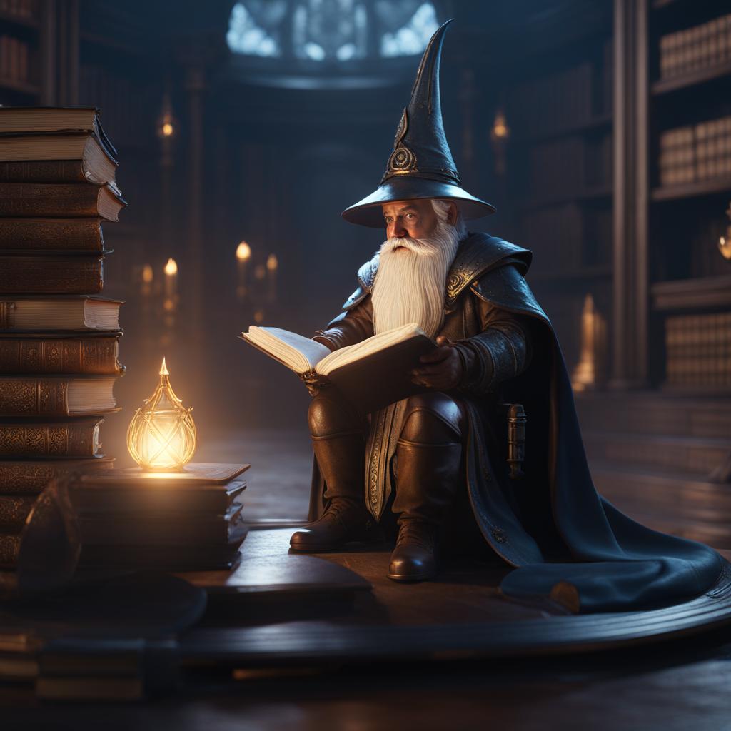 gnome wizard,enid shadowcaster,deciphering an ancient arcane tome,a dimly lit library ground level shot, 8k resolution, cinema 4d, behance hd, polished metal, unreal engine 5, rendered in blender, sci-fi, futuristic, trending on artstation, epic, cinematic background, dramatic, atmospheric