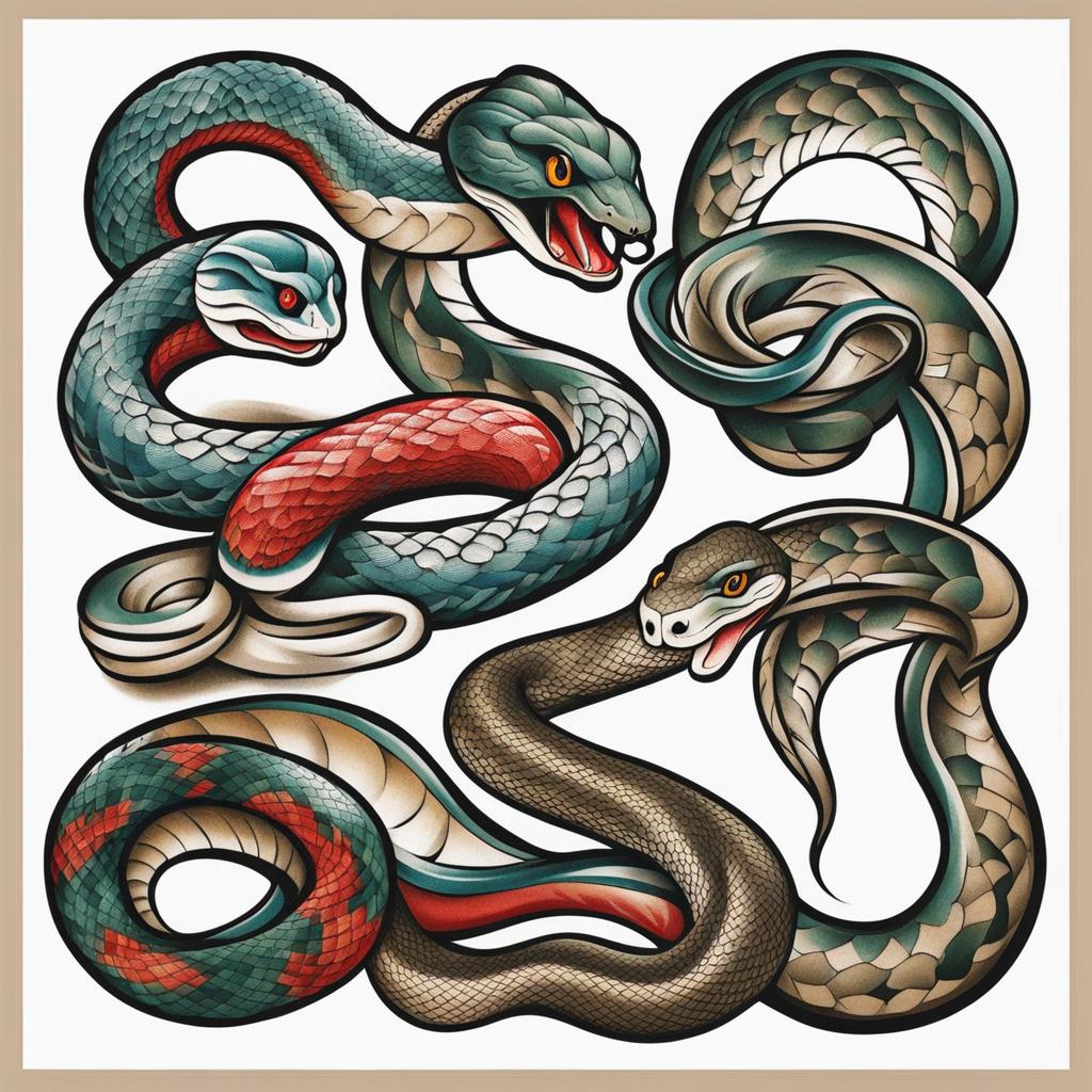 American traditional snake tattoo, Classic and timeless snake tattoos in American traditional style. colors, tattoo patterns, clean white background