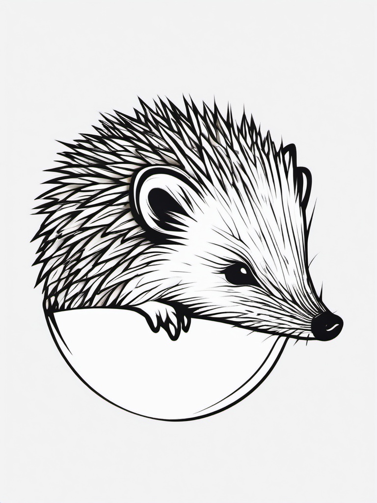 Hedgehog Tattoo - Adorable hedgehog curled up into a spiky ball  few color tattoo design, simple line art, design clean white background