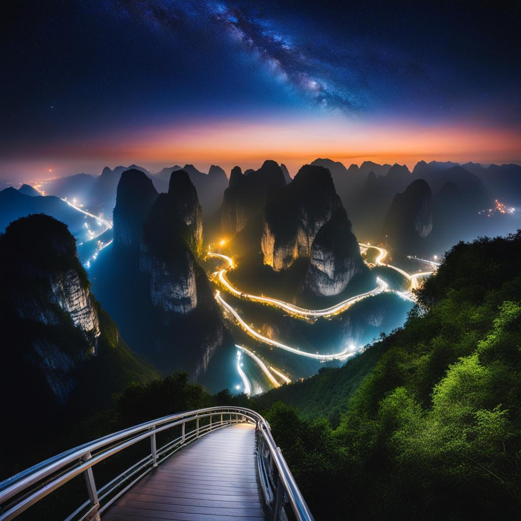 tianmen mountain - craft a night painting of tianmen mountain, where the heaven's gate natural arch and glass walkways offer breathtaking views under the starry sky. 