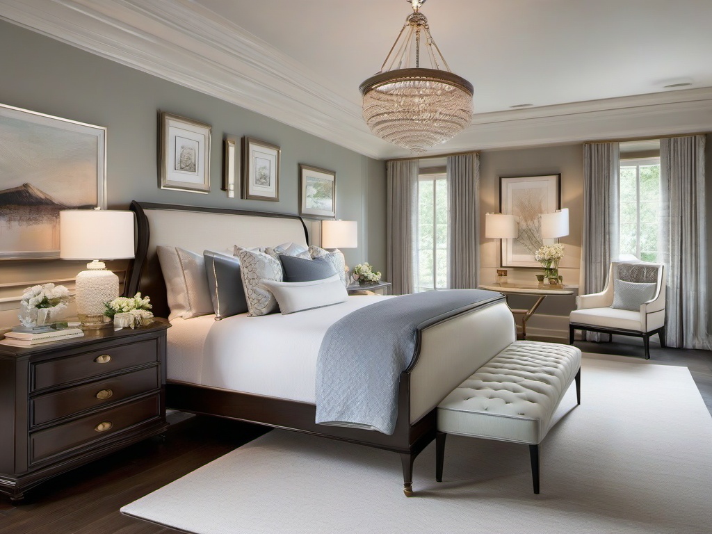 Traditional master bedroom showcases classic furniture, elegant bedding, and soft color accents for a timeless and sophisticated feel.  