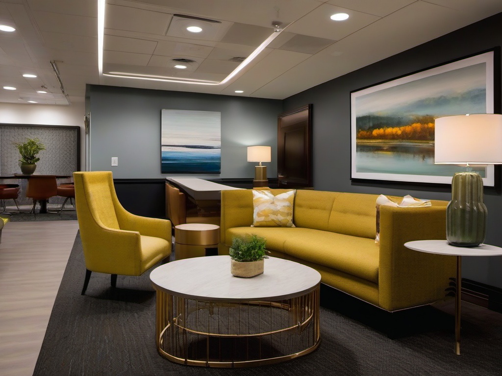 In the office break room, Regency interior design includes stylish furniture, elegant art, and an inviting ambiance that encourages relaxation and socialization among employees.  