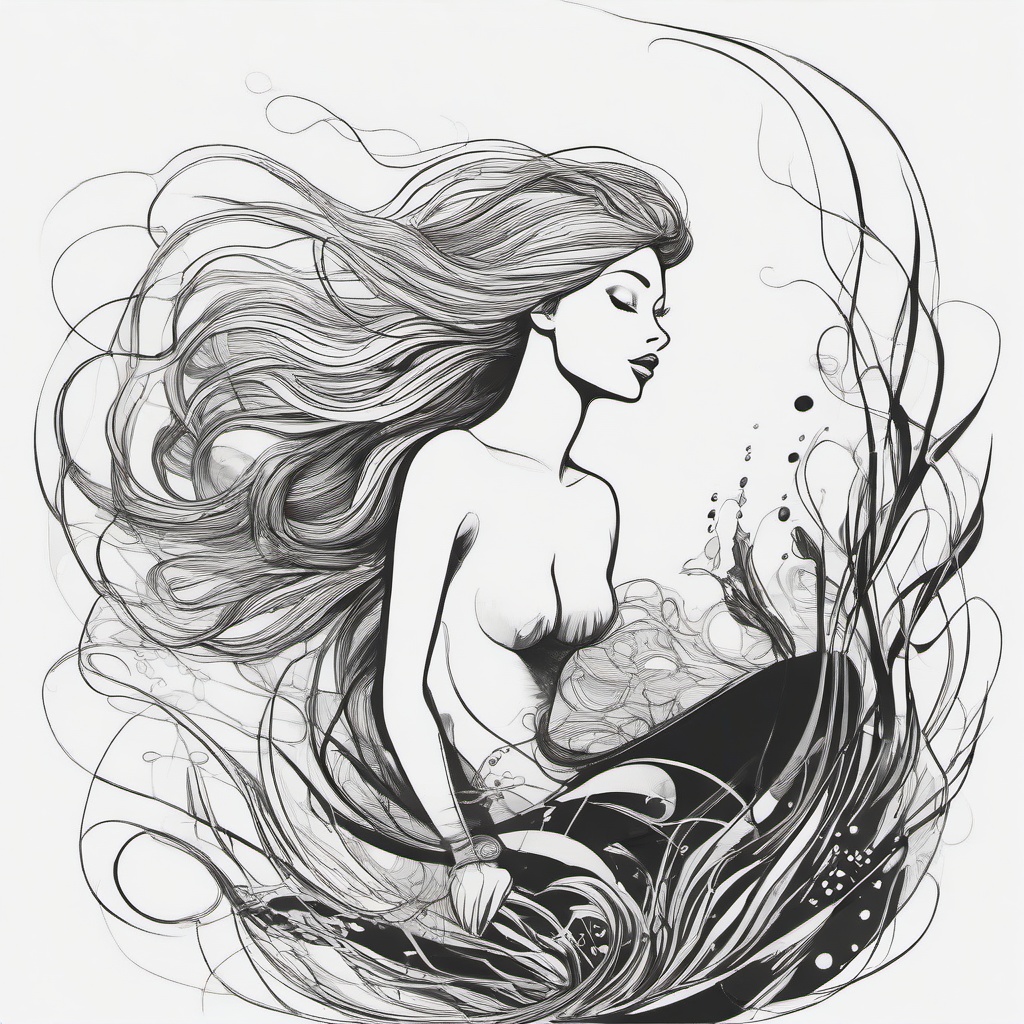 drawing of a mermaid  minimal rough sketch scribbles,doodles,black and white