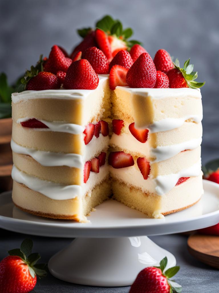 layers of moist vanilla sponge cake, sandwiched with fresh strawberries and whipped cream. 