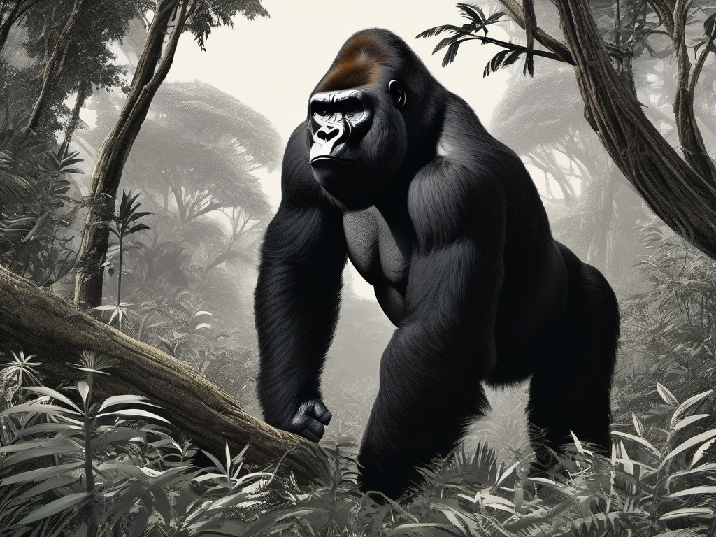 Gorilla Clipart in the Wilderness,Mighty gorilla in the dense wilderness, signifying power and solitude. 