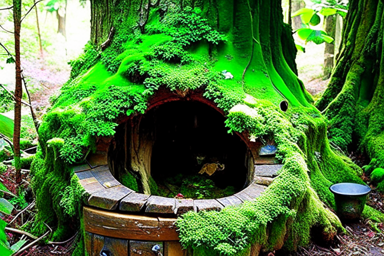 fairy tale forest bathroom with enchanted tree stump sink and mossy walls. 