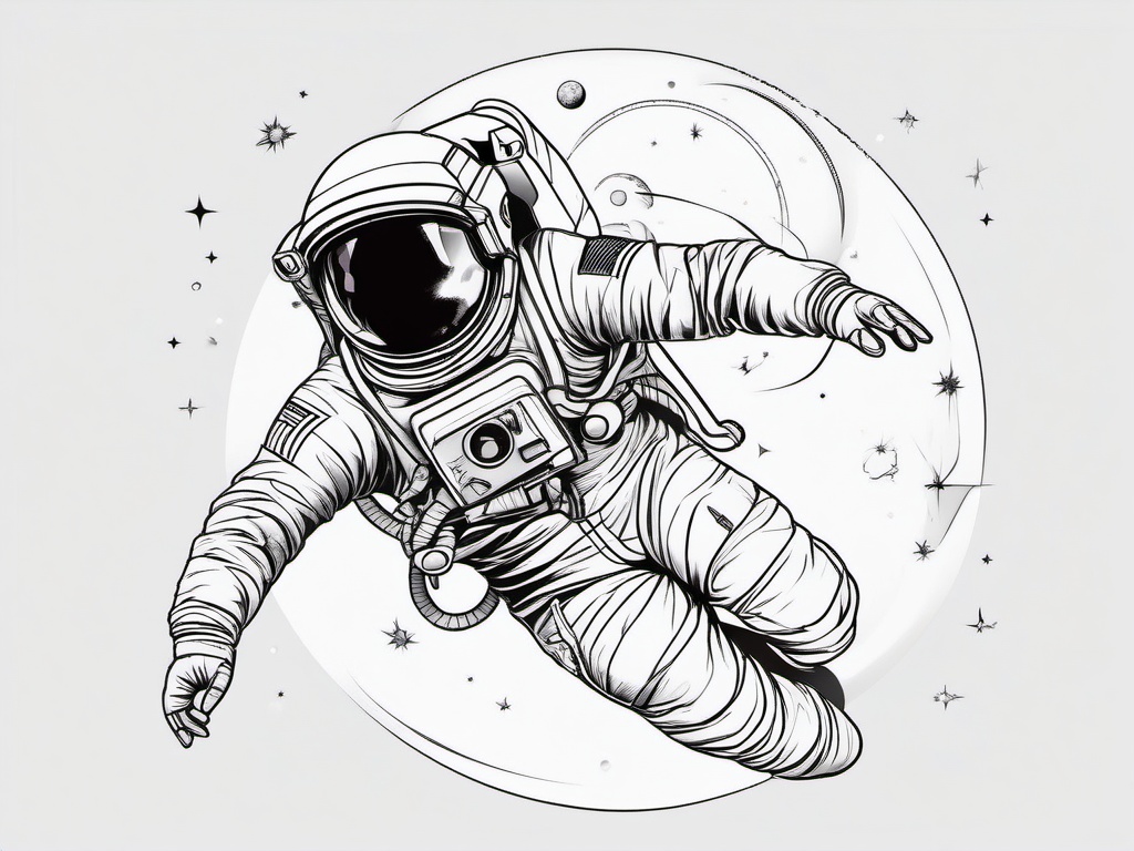 Astronaut Tattoo - An astronaut tattoo floating in zero gravity  few color tattoo design, simple line art, design clean white background