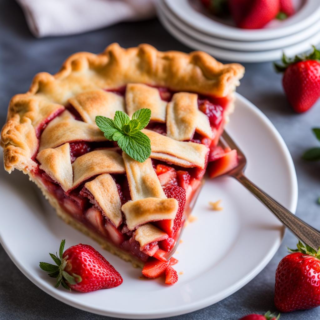 a slice of classic strawberry rhubarb pie, with a flaky pastry crust and a sweet-tart filling. 