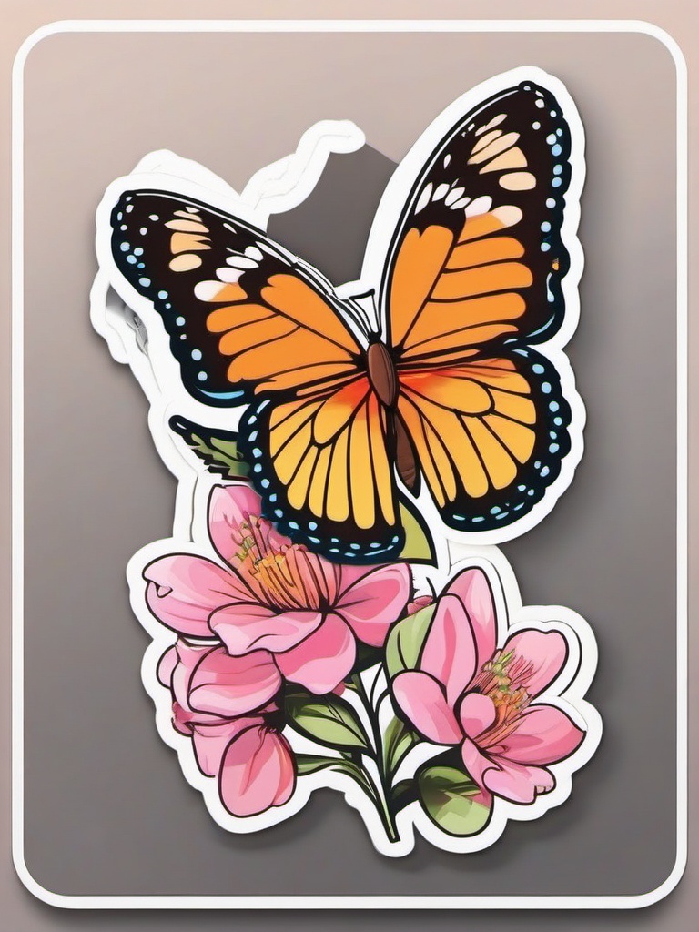 Butterfly and Blossoms Sticker - Butterfly near blooming flowers, ,vector color sticker art,minimal