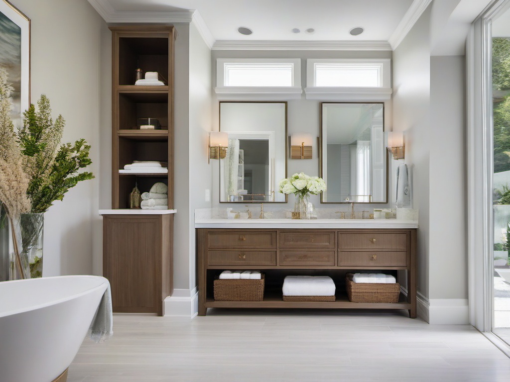 A master bathroom with Hampton interior design incorporates light colors, natural textures, and elegant fixtures that create a fresh and relaxing atmosphere for self-care.  