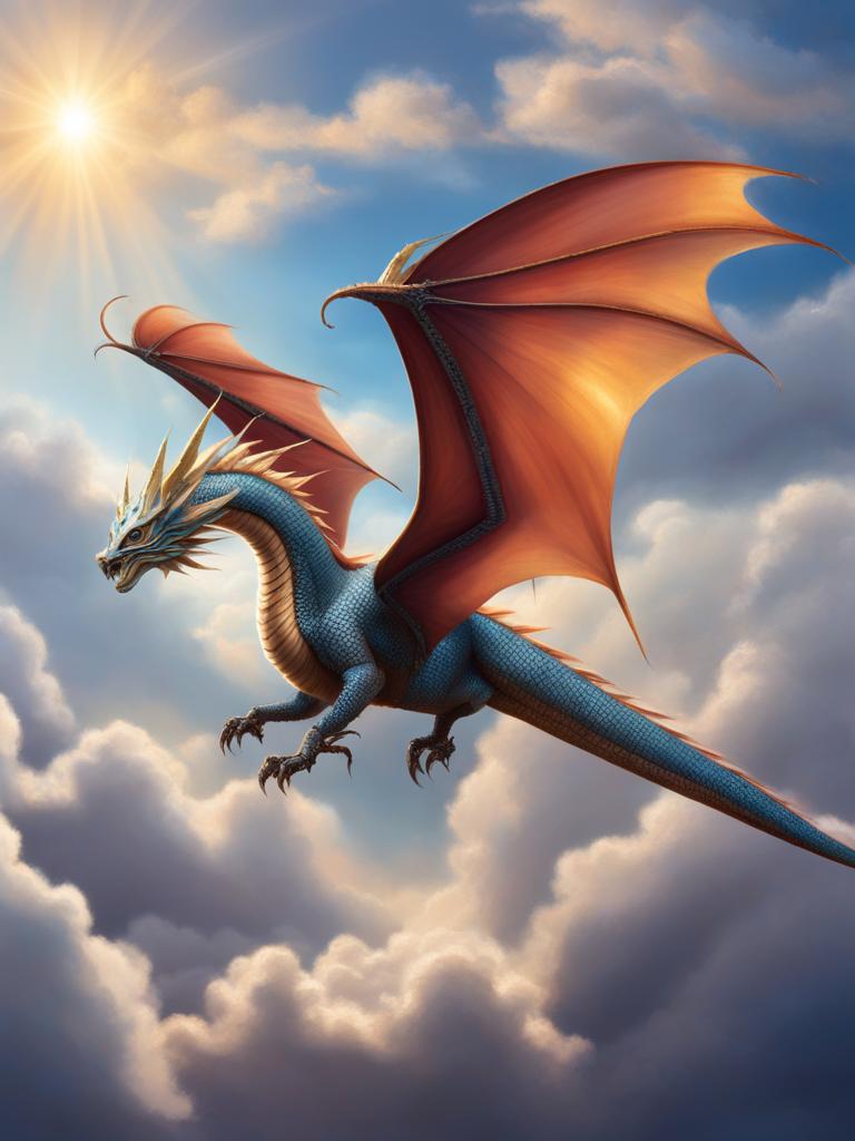 sky dragon gliding gracefully amidst the clouds, its iridescent wings catching the sunlight as it soars. 