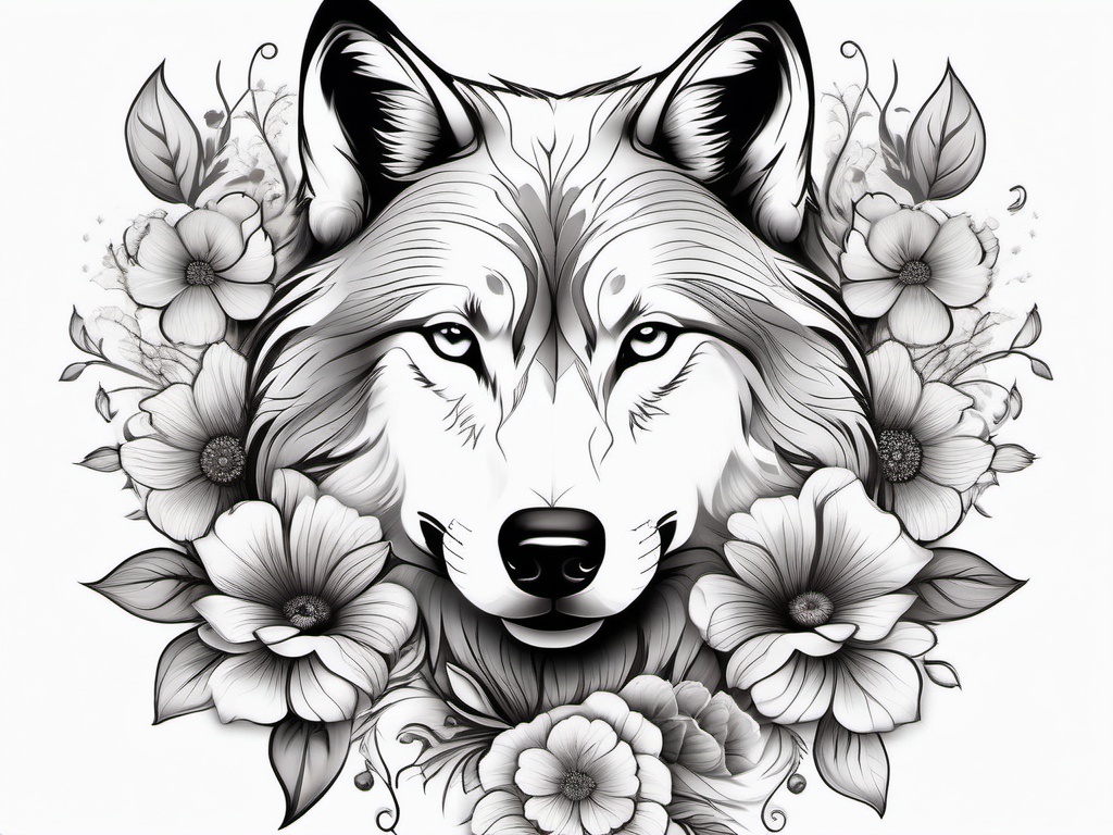 Wolf and Flower Tattoo,harmonious fusion of a wolf and delicate flowers, symbolizing both strength and beauty. , tattoo design, white clean background