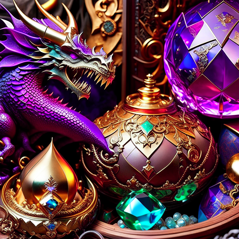 dragon's treasure chamber overflowing with glittering gems, gold, and dragon sculptures. 