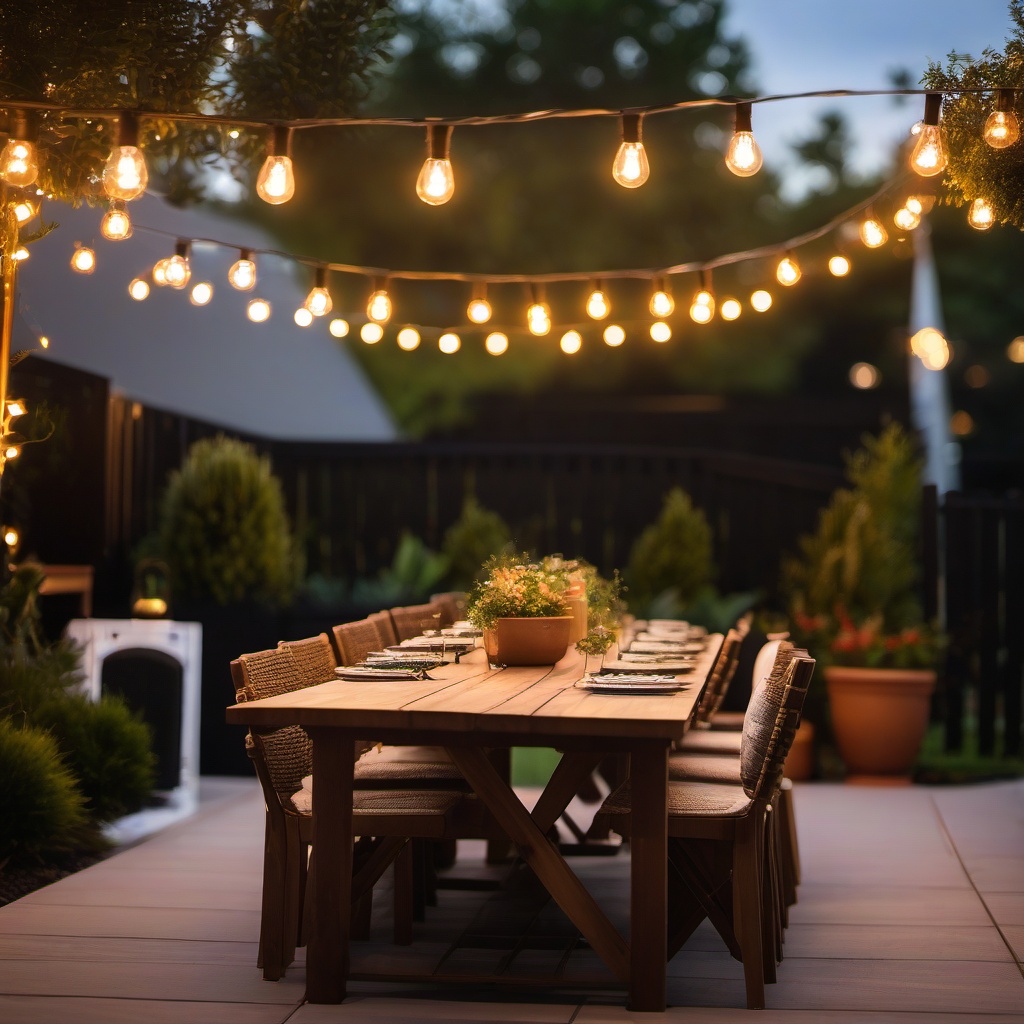 Outdoor Dining Patio - Outdoor dining patio with a large table and string lights. realistic, professional photography, bokeh, natural lighting, canon lens, shot on dslr 64 megapixels sharp focus