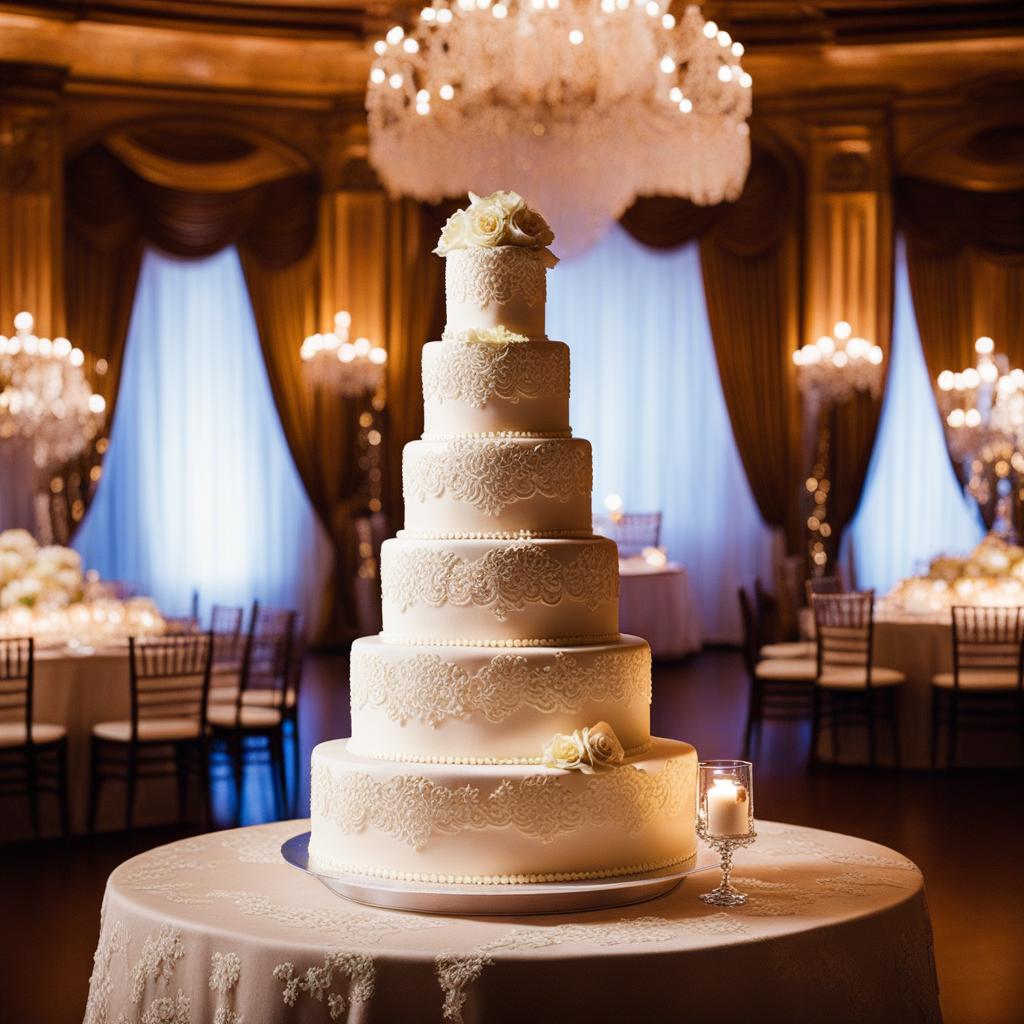 wedding vanilla cake in a vintage ballroom: visualize a classic vanilla wedding cake with intricate lace-like icing, showcased in an opulent, chandelier-lit ballroom. 