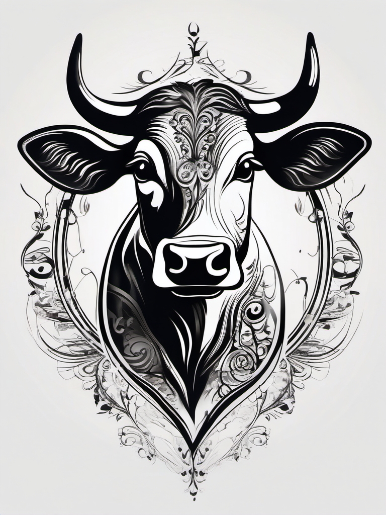 Cow with musical notes design: Harmony and rhythm, a unique twist.  black and white tattoo style