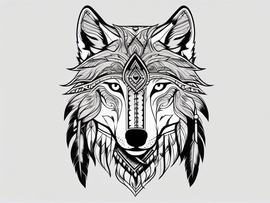 Native American Wolf Tattoo,tattoo inspired by the deep connection between Native American culture and the wolf. , tattoo design, white clean background