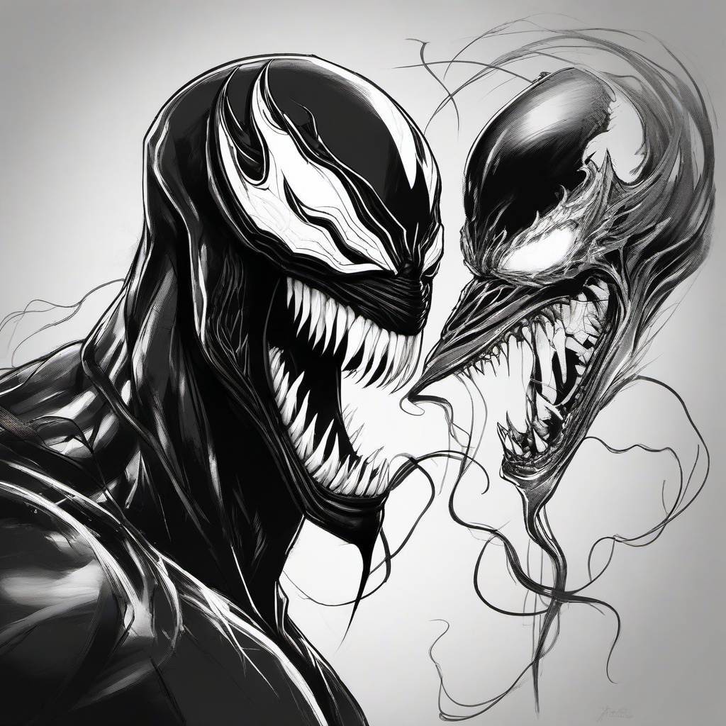 drawing of Venom and a villain  minimal rough sketch scribbles,doodles,black and white