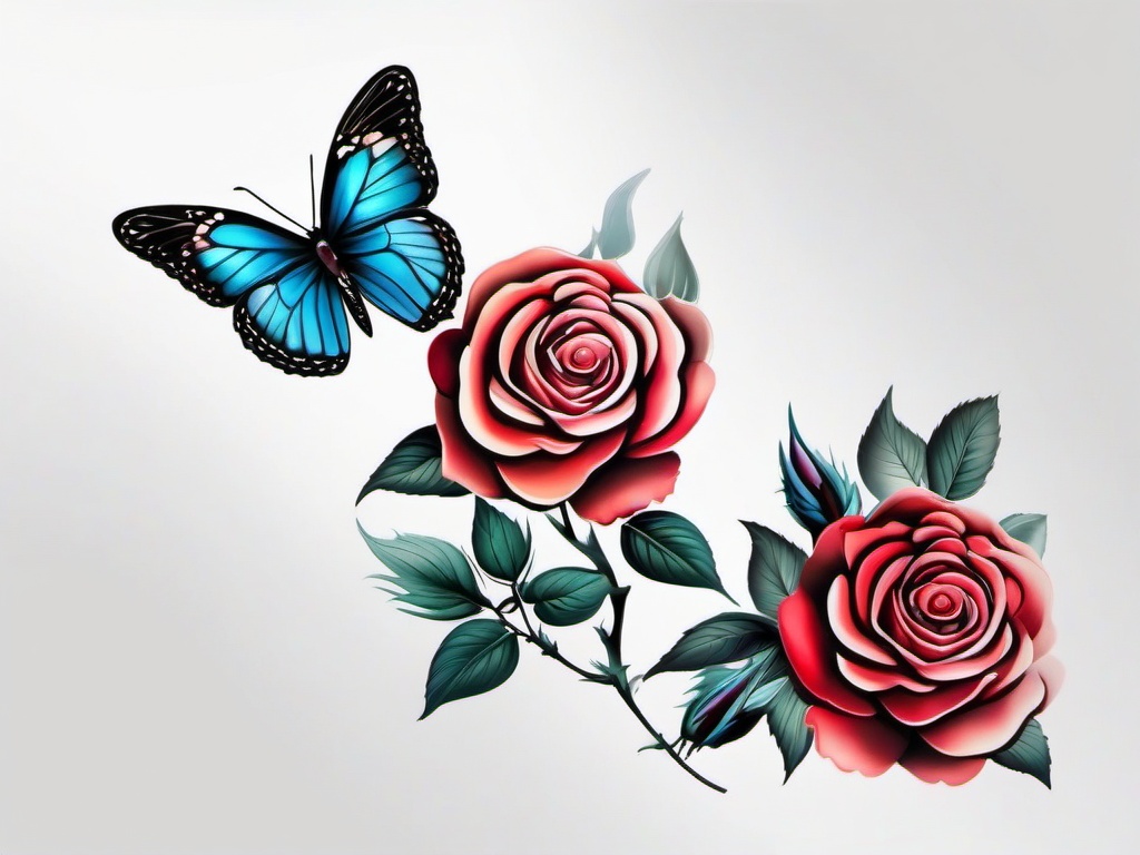 butterflies and roses tattoo  simple color tattoo,white background,minimal