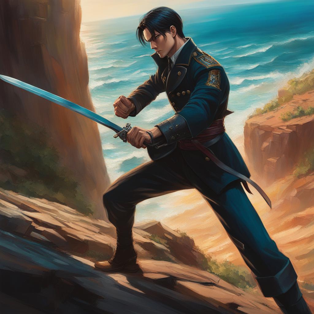 levi ackerman,engaging in a fierce hand-to-hand combat duel,a towering cliff overlooking the ocean hyperrealistic, intricately detailed, color depth,splash art, concept art, mid shot, sharp focus, dramatic, 2/3 face angle, side light, colorful background