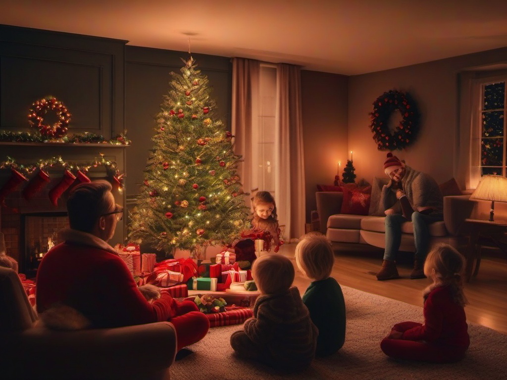 Christmas wallpaper - Family gathered around a Christmas tree with a cozy fireplace in the background  aesthetic background wallpaper