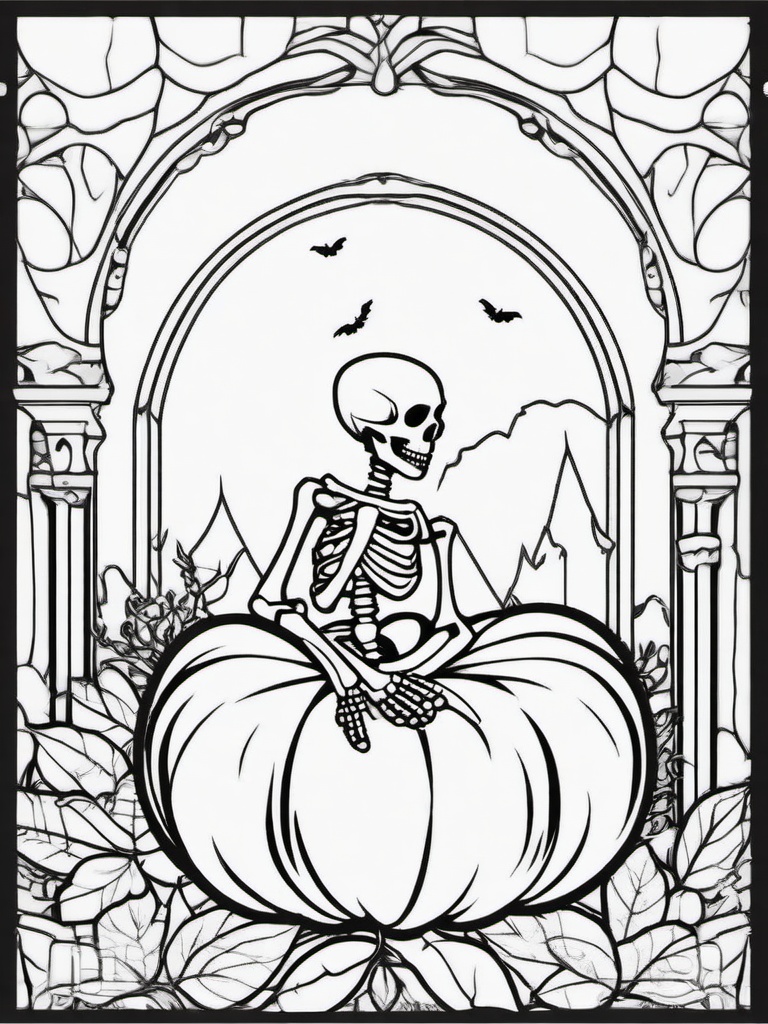 Pumpkin and Skeleton Coloring Pages - Skeleton Sitting Next to a Pumpkin  minimal black outline printable sheet, coloring page